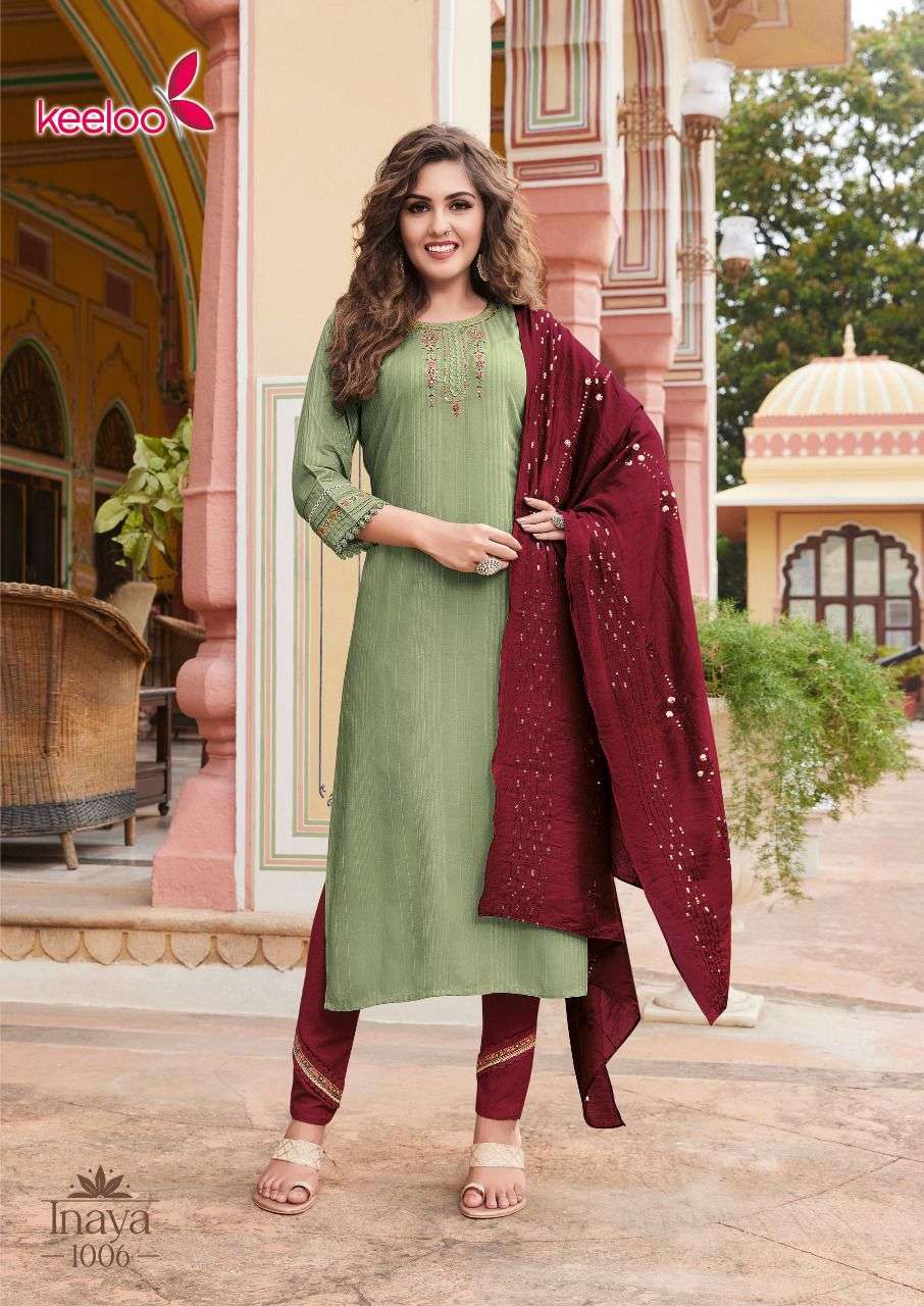 INAYA VOL 1 BY KEELOO BRAND PRESENTS 14 KG HEAVY RAYON STRIPE WITH DOBBY WITH HEAVY EMBROIDERY & KHATLI WORK KURTI WITH RAYON SLUB LYCRA  PANT AND HEAVY CHANDERI DUPATTA - 1006